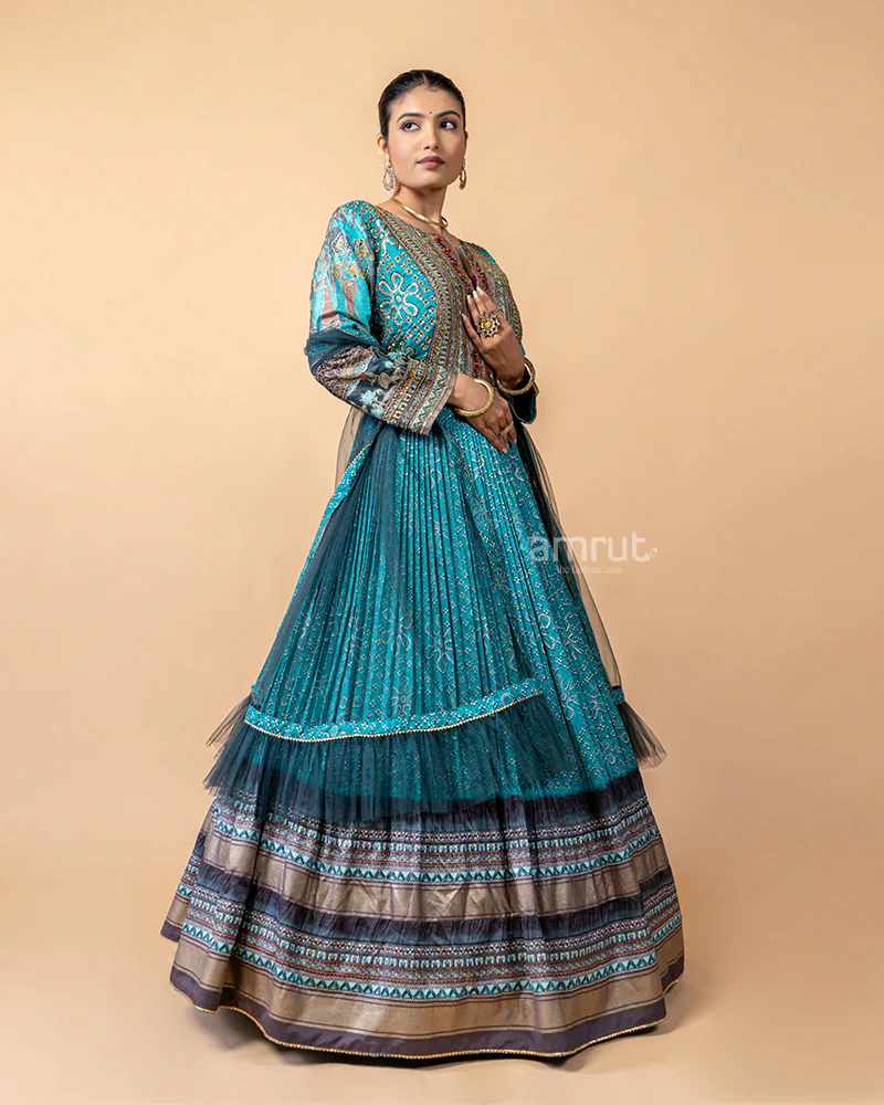Aquatic Blue Gown with Net Dupatta - Image 4