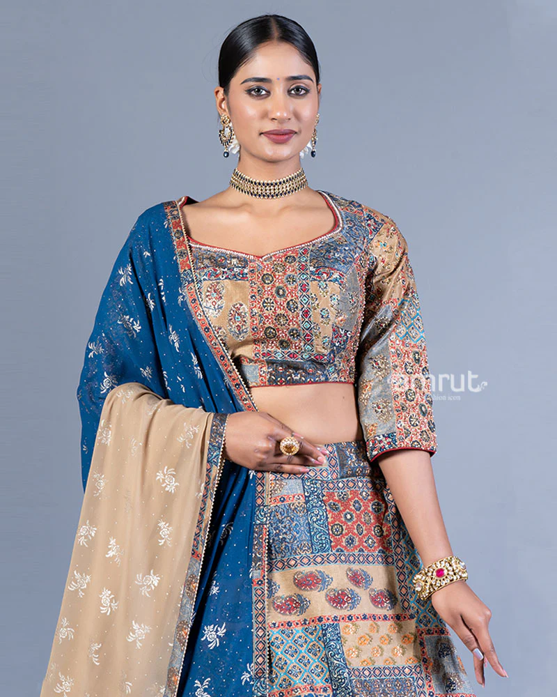 Beige and Blue Patchwork Lehenga Choli with Maroon Dupatta - Image 2