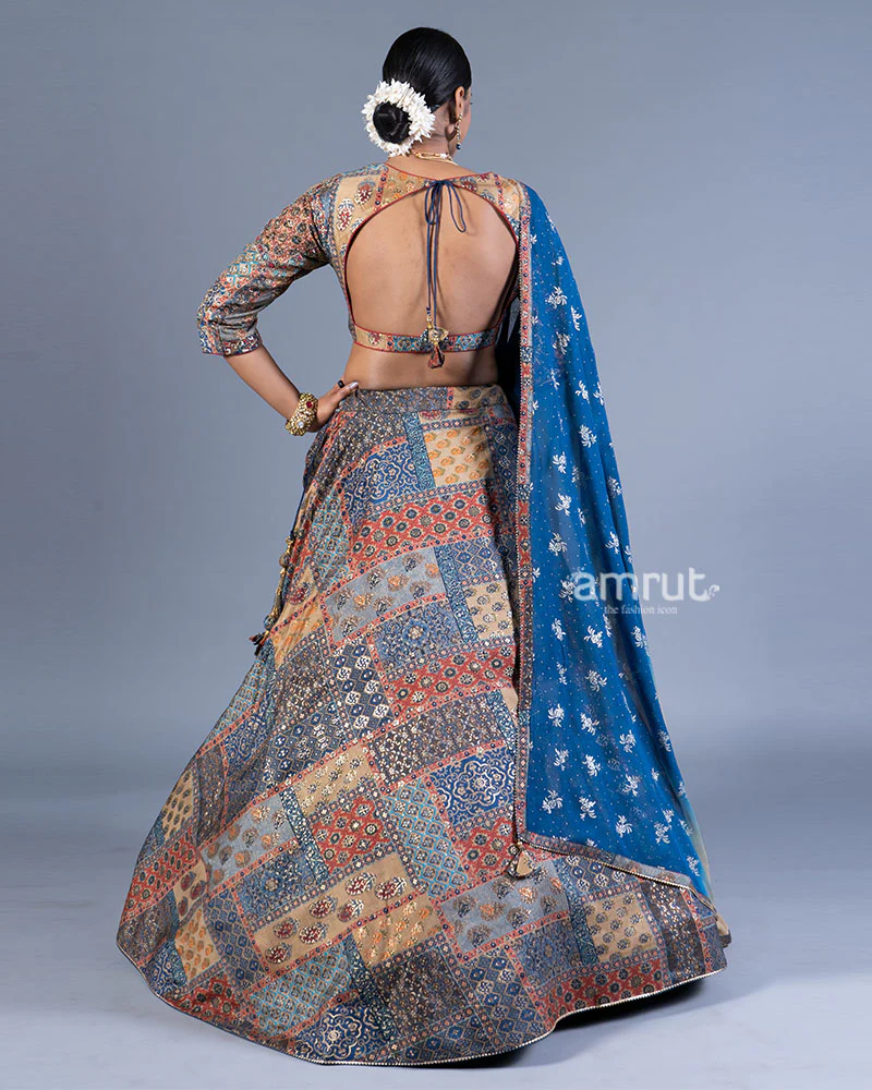 Beige and Blue Patchwork Lehenga Choli with Maroon Dupatta - Image 3