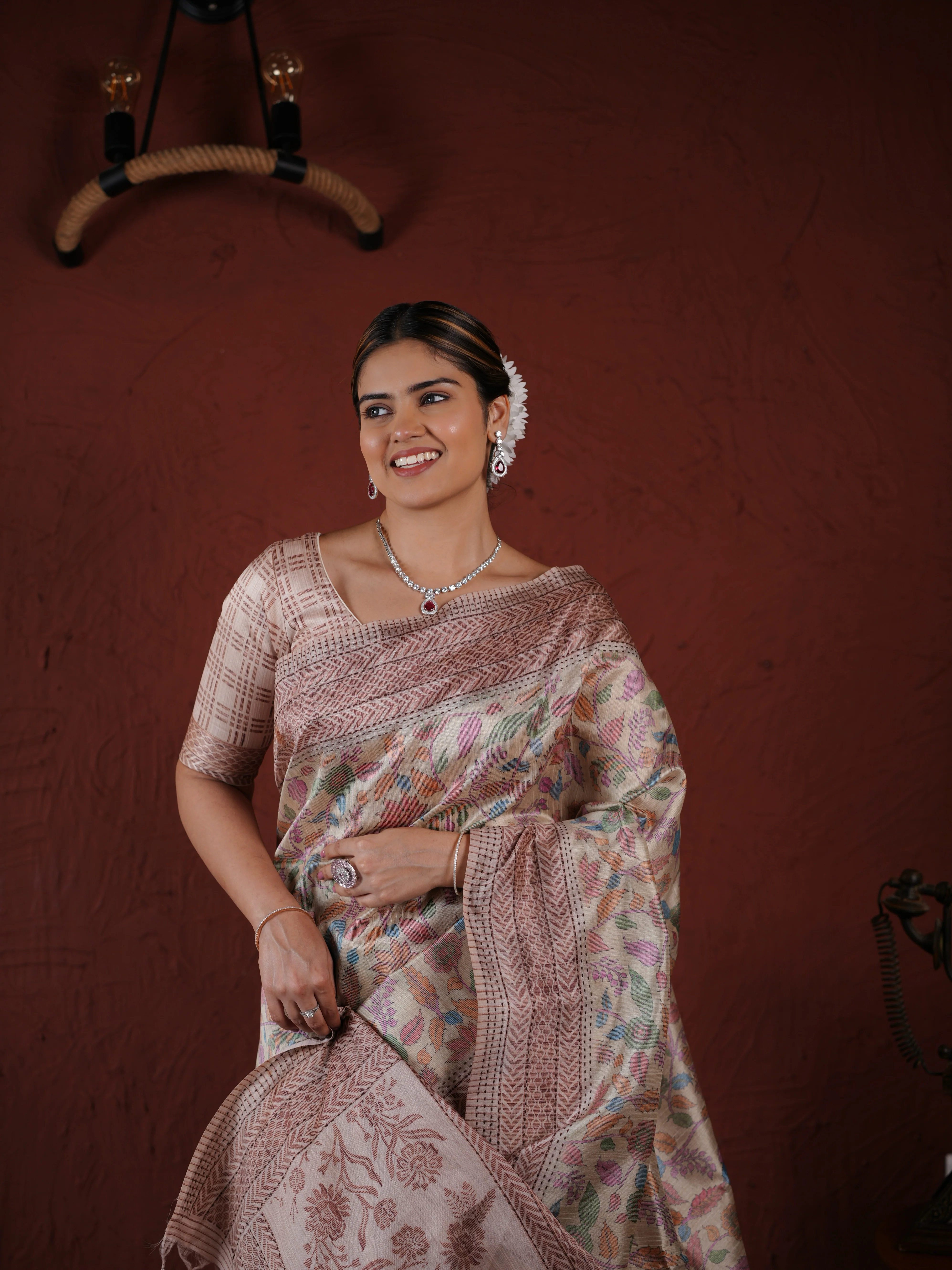 Beige and Brown PV Cotton Khadi Saree with Floral Prints and Unstitched Blouse - Image 3