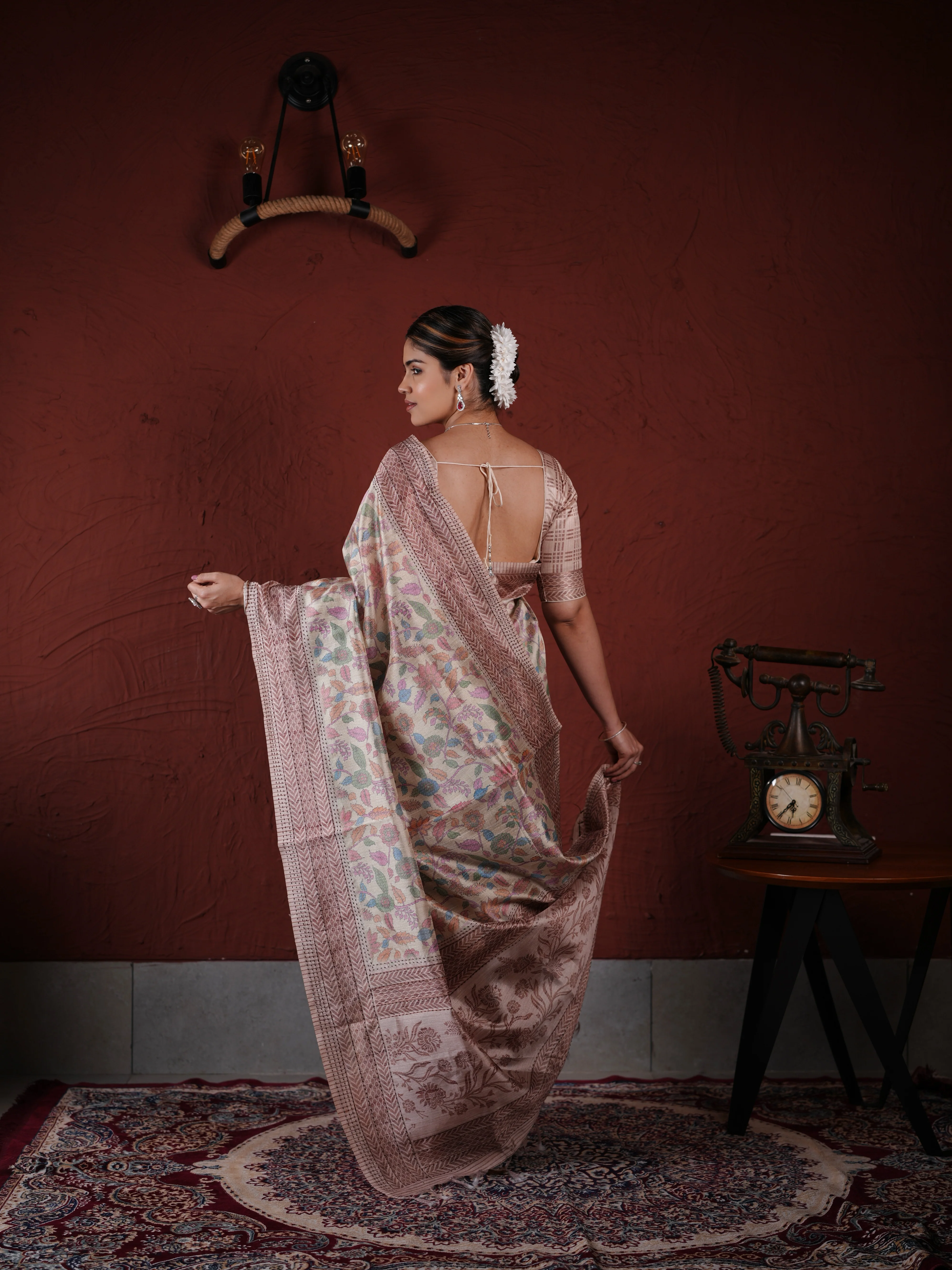 Beige and Brown PV Cotton Khadi Saree with Floral Prints and Unstitched Blouse - Image 4