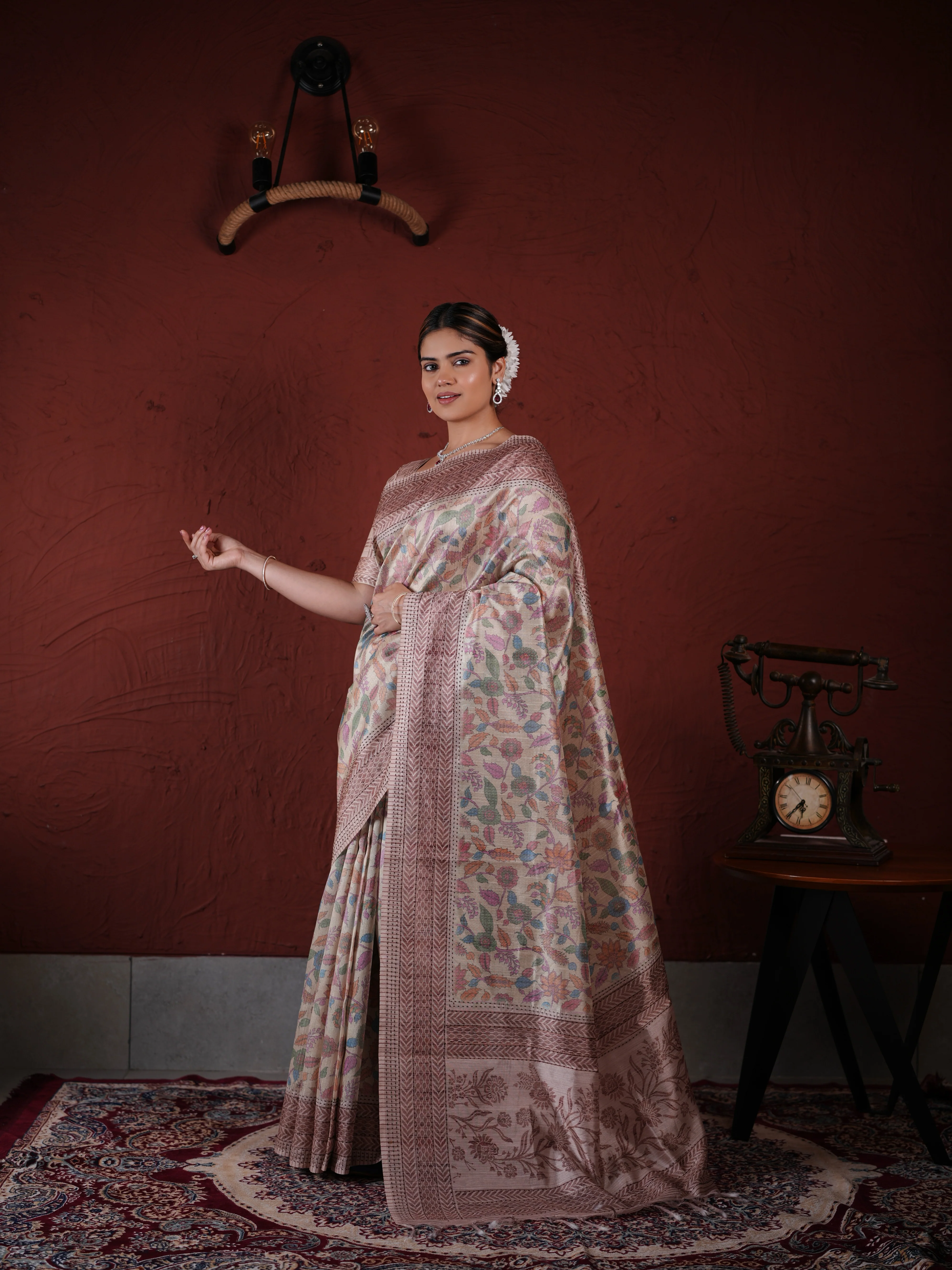 Beige and Brown PV Cotton Khadi Saree with Floral Prints and Unstitched Blouse - Image 5