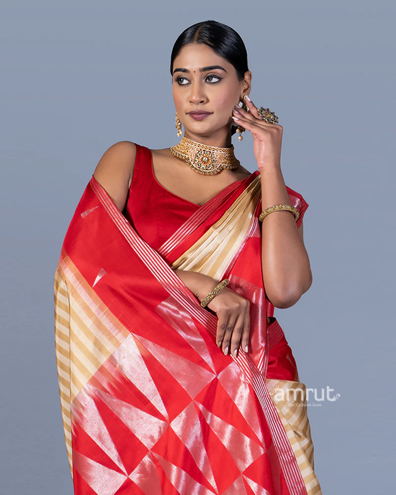 Beige and Cream Striped Red Border Saree with Unstitched Blouse - Image 2