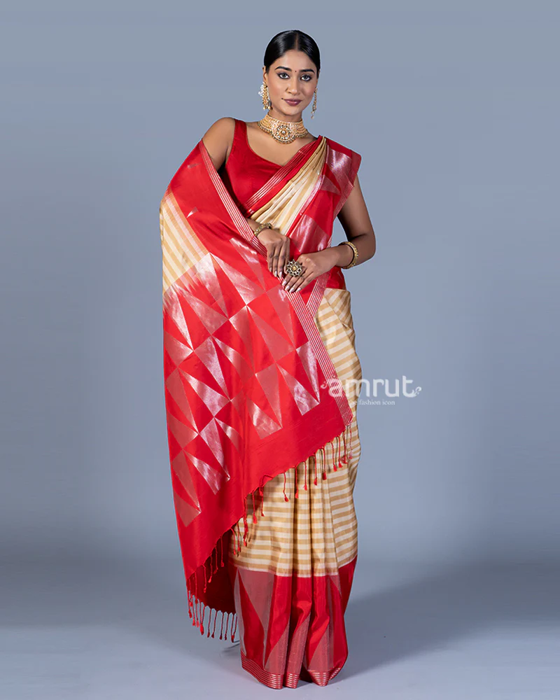 Beige and Cream Striped Red Border Saree with Unstitched Blouse - Image 4