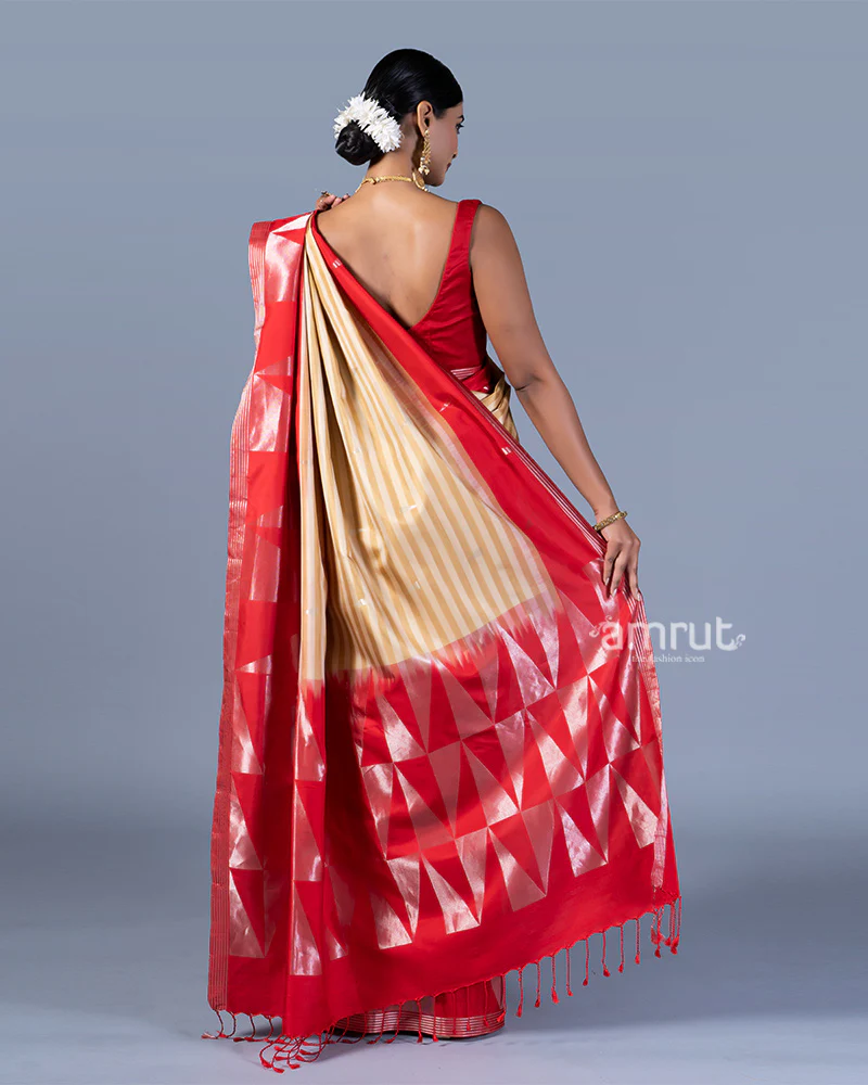 Beige and Cream Striped Red Border Saree with Unstitched Blouse - Image 5