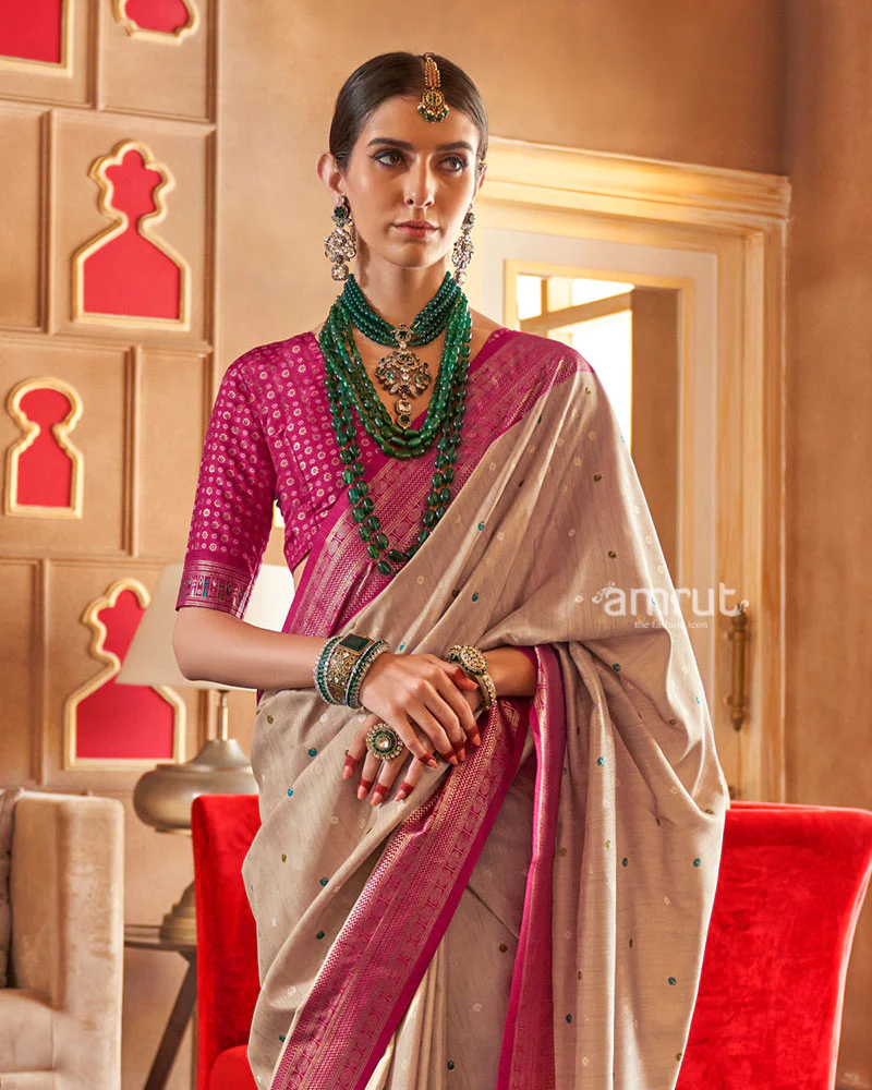 Beige and Pink Foil Printed Patola Saree with Unstitched Blouse - Image 2