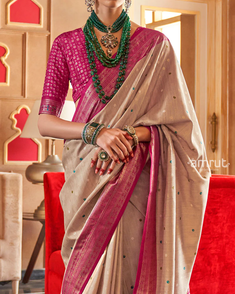 Beige and Pink Foil Printed Patola Saree with Unstitched Blouse - Image 3