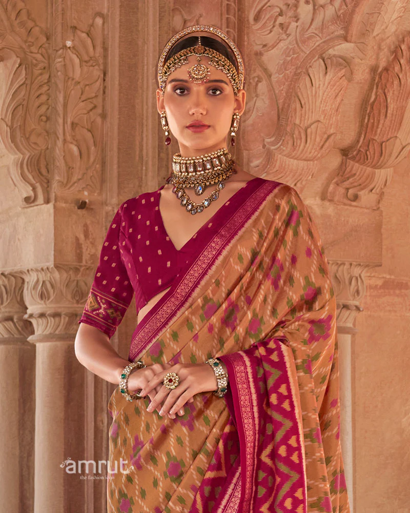 Beige and Rani Pink Ikat Patola Printed Saree with Unstitched Blouse - Image 2