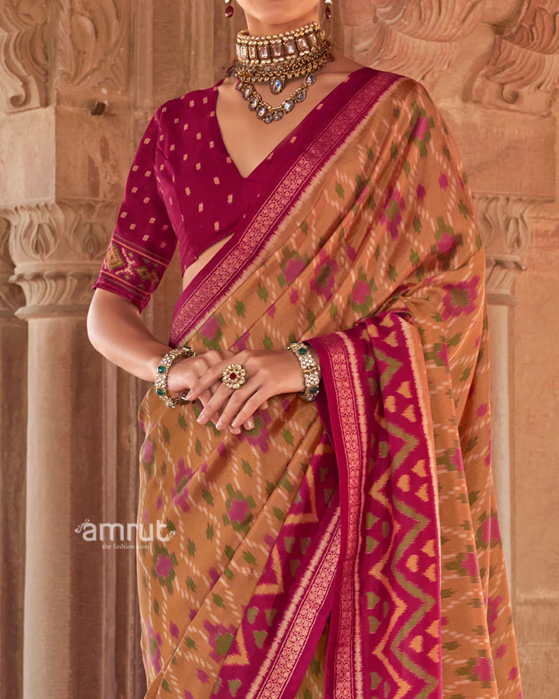 Beige and Rani Pink Ikat Patola Printed Saree with Unstitched Blouse - Image 3