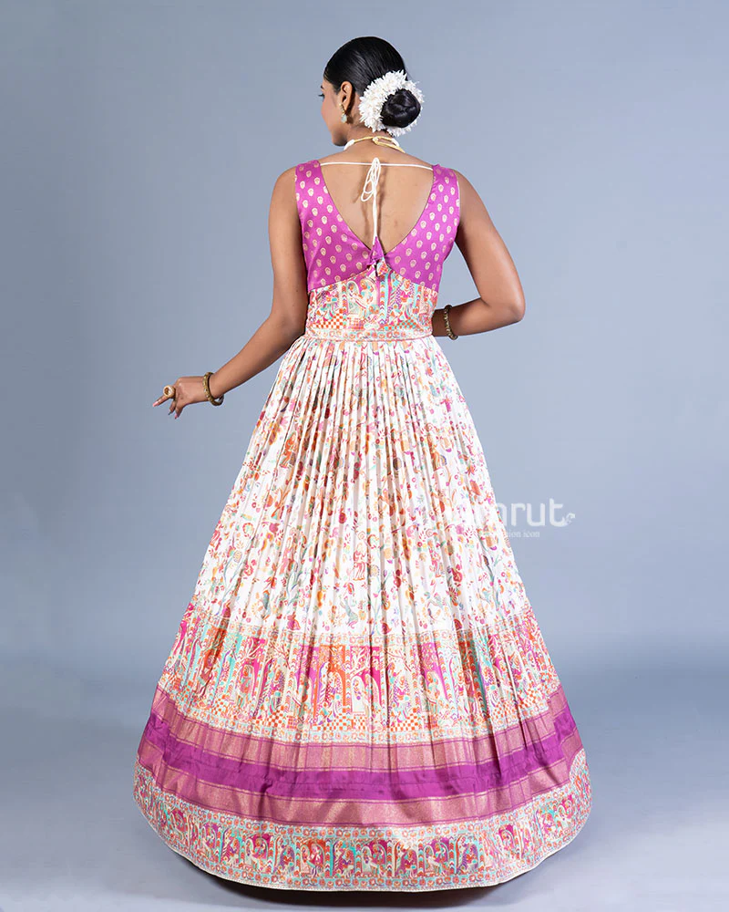 Beige and Taupe Pleated Gown with Embroidered Bodice and Burgundy Hemline - Image 3