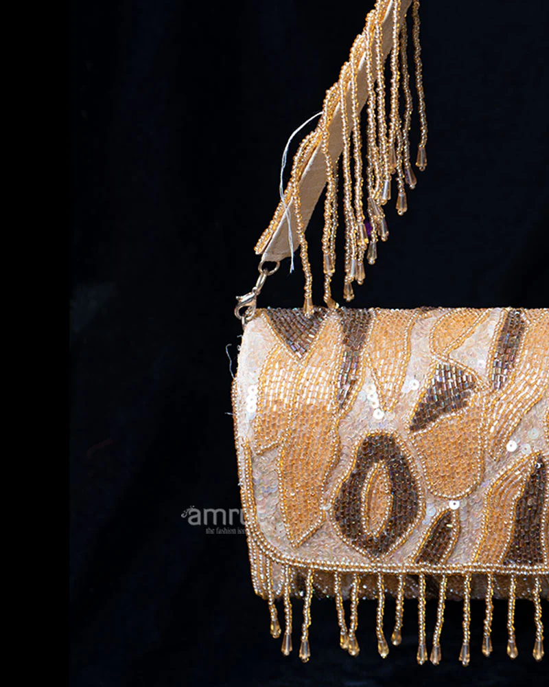 Beige Beaded Animal Print Handbag with Golden Fringe Strap - Image 2