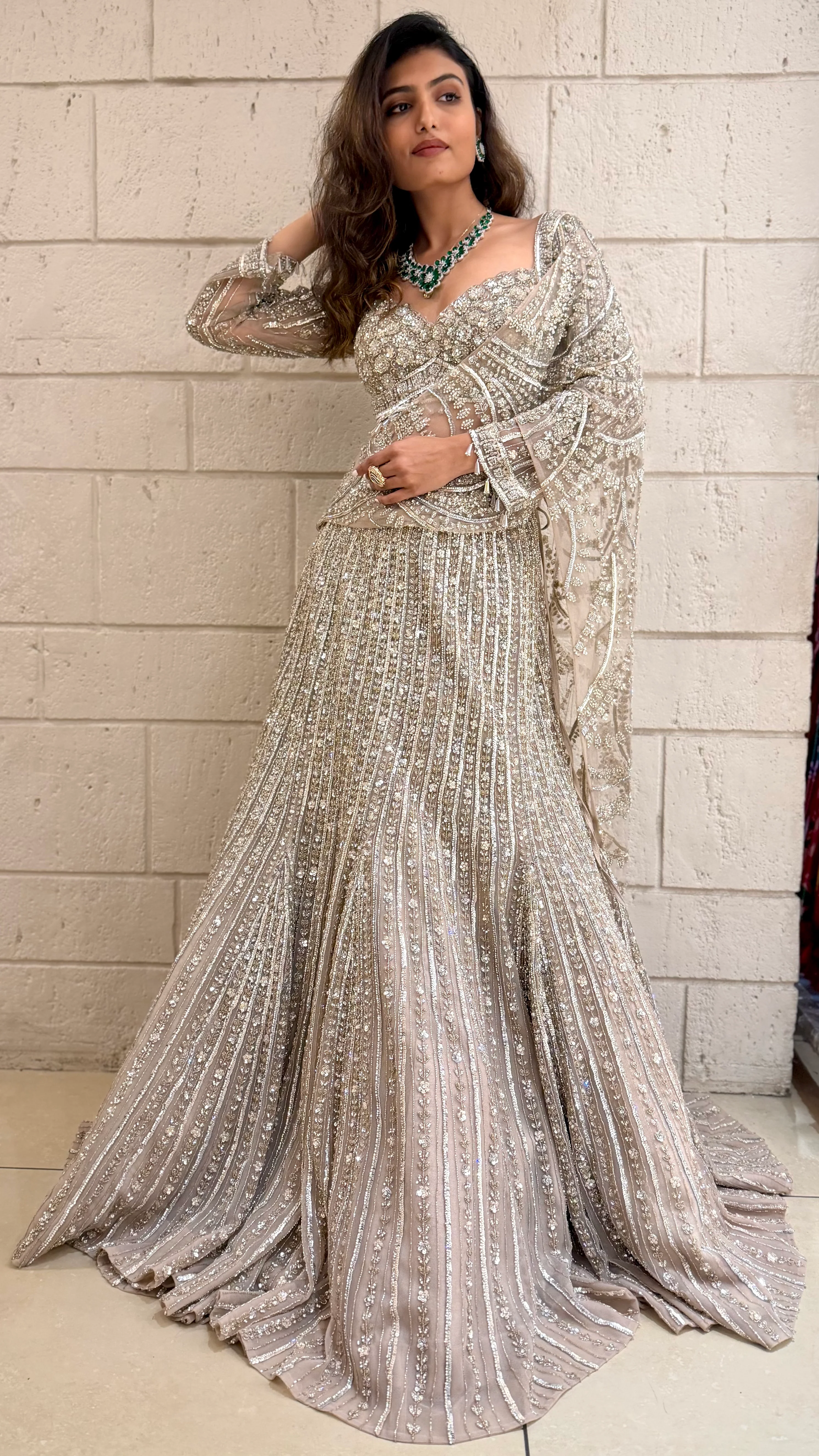 Beige Designer Lehenga Set with Heavy Sequin Embroidery & Net Dupatta - Image 3