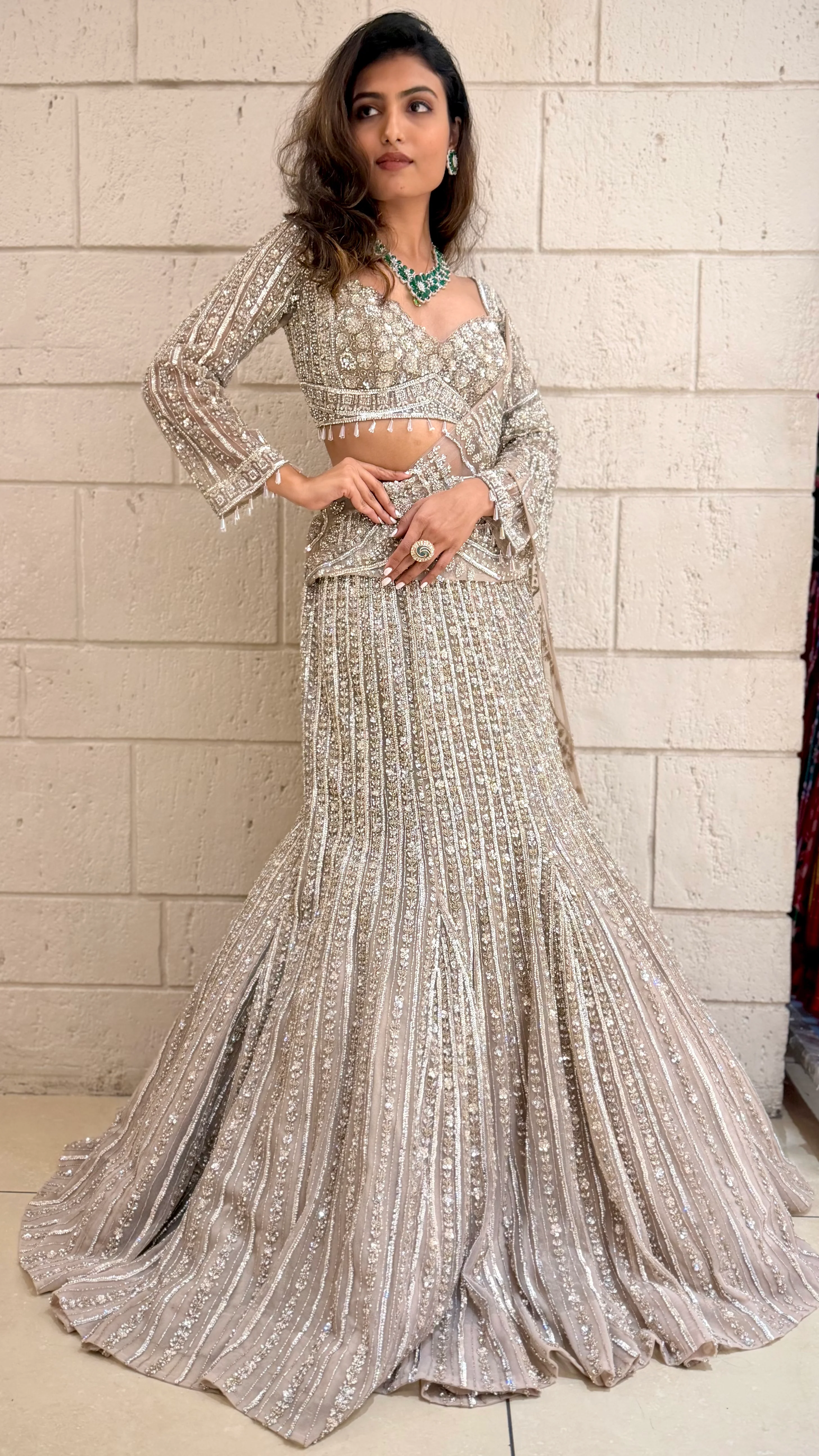 Beige Designer Lehenga Set with Heavy Sequin Embroidery & Net Dupatta - Image 4