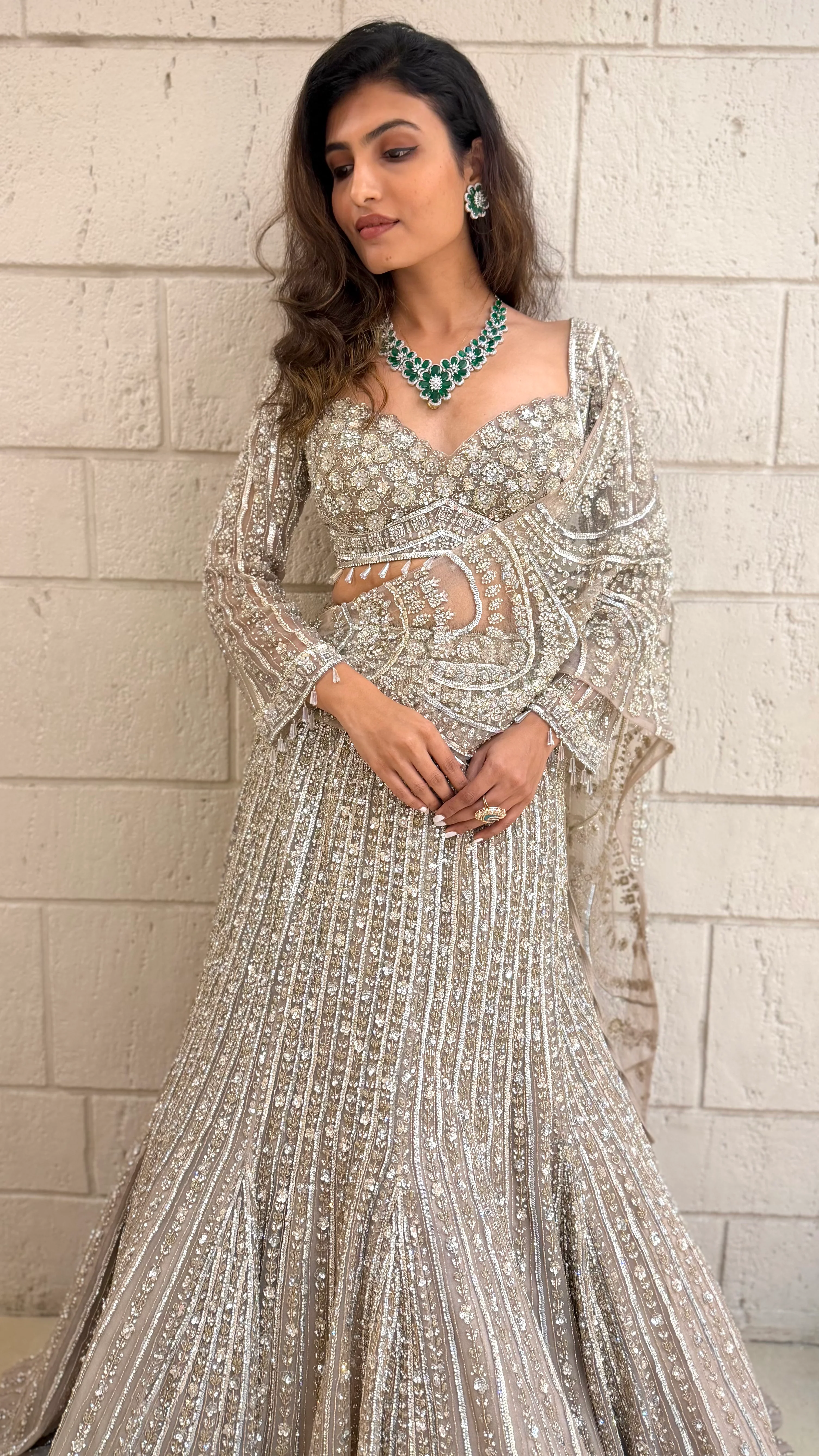 Beige Designer Lehenga Set with Heavy Sequin Embroidery & Net Dupatta - Image 5
