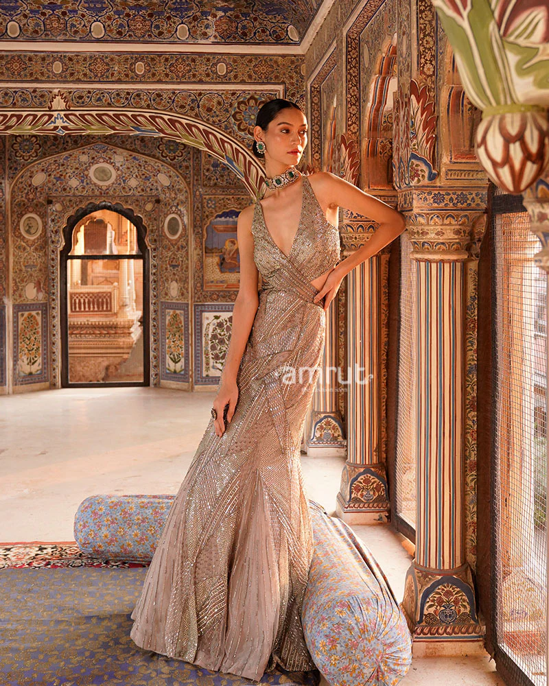 Beige Glittery Sequined with V-Neckline Mermaid Gown - Image 3