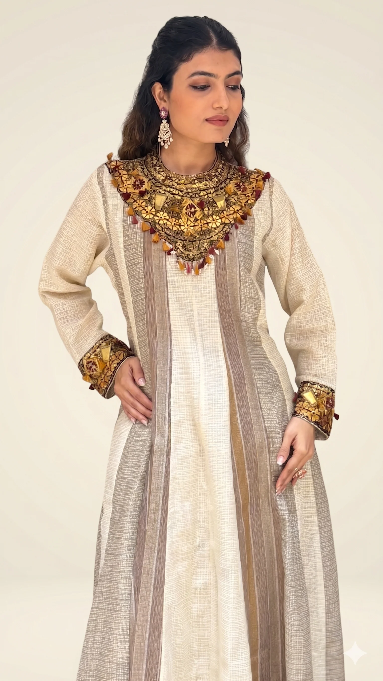 Beige Handcrafted A-Line with Embellished Statement Yoke - Image 3