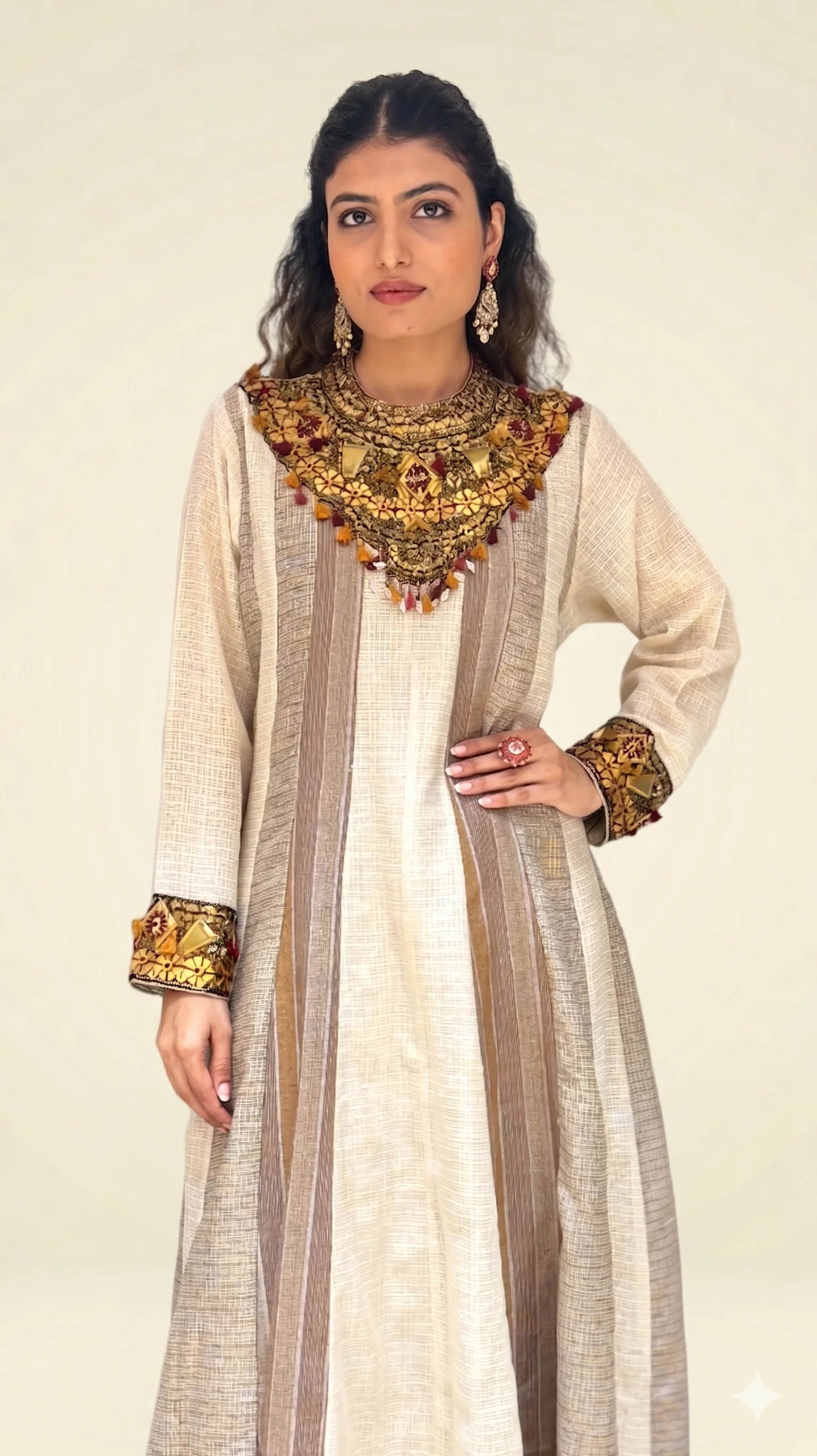 Beige Handcrafted A-Line with Embellished Statement Yoke - Image 4