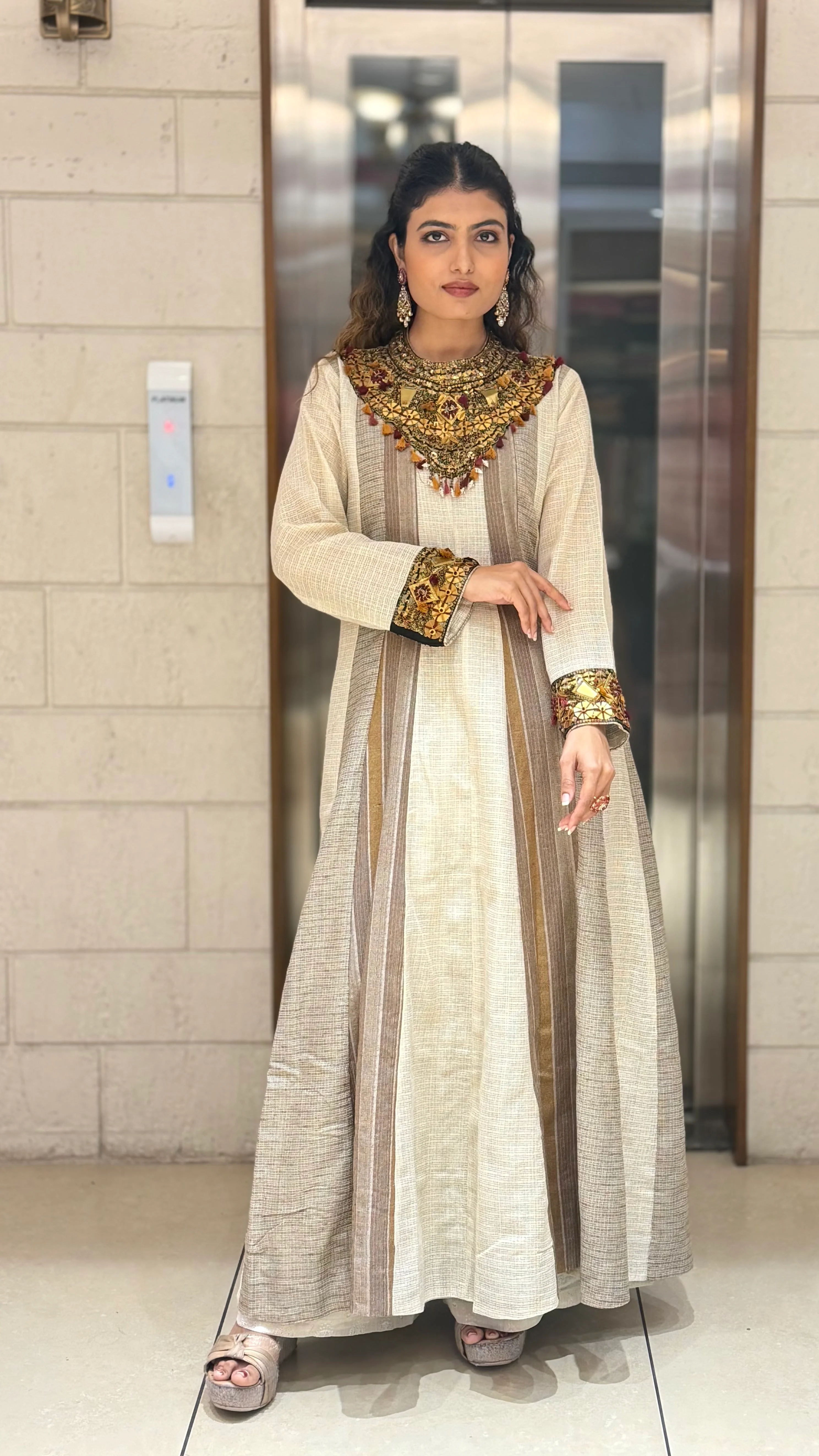 Beige Handcrafted A-Line with Embellished Statement Yoke - Image 5