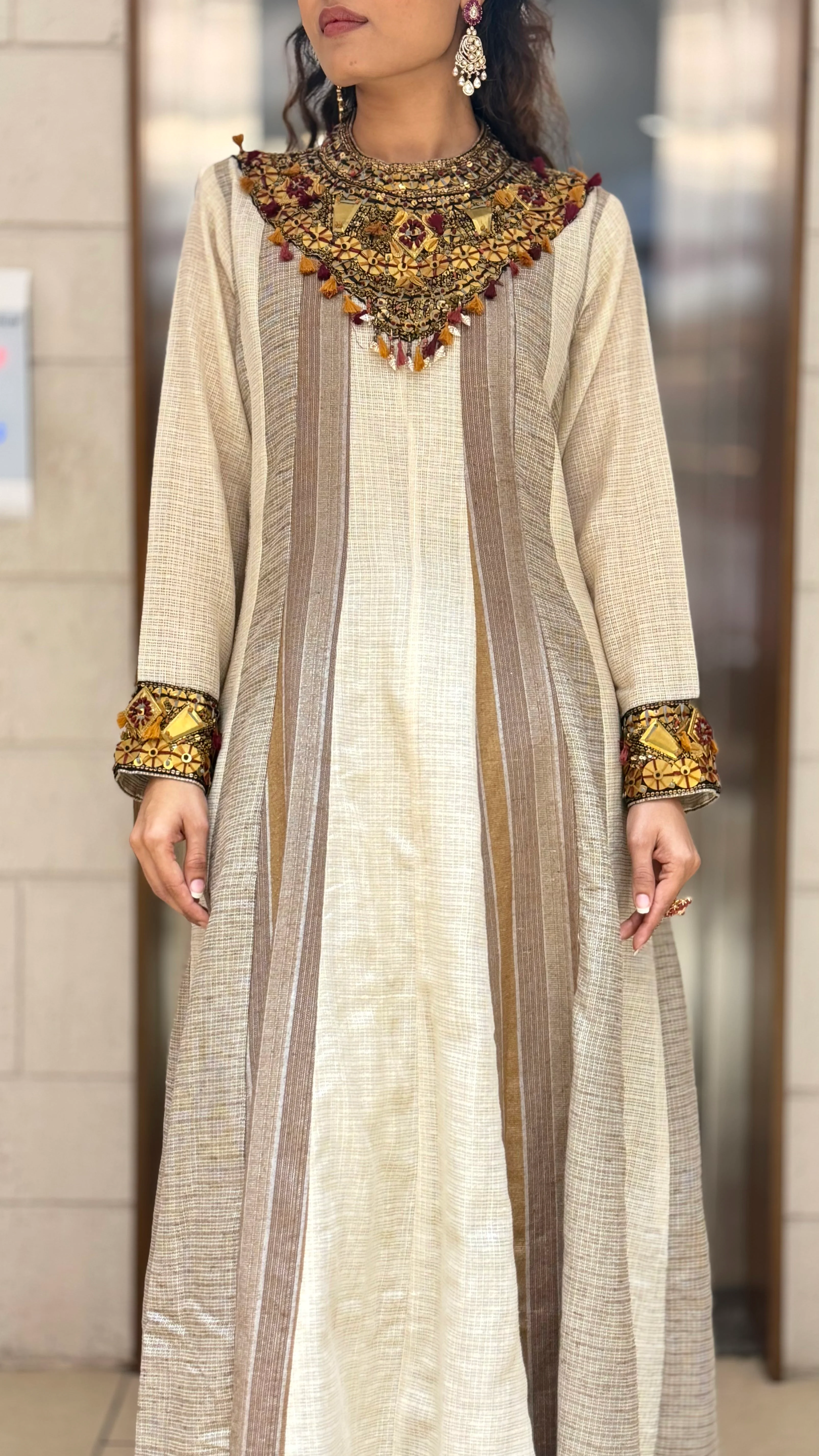 Beige Handcrafted A-Line with Embellished Statement Yoke - Image 6