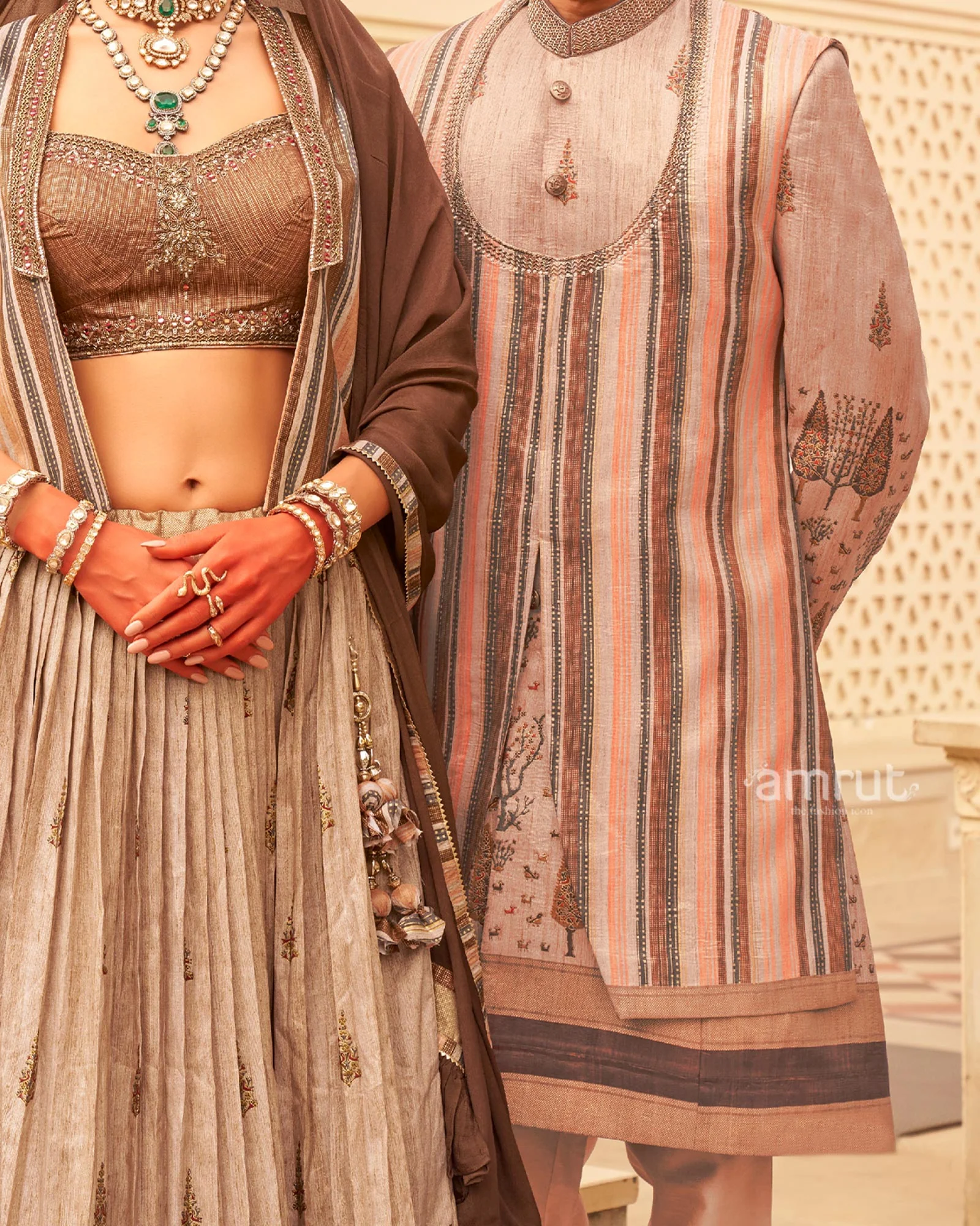 Beige lehenga Set and Men Kurta Set with Printed Coat - Image 3