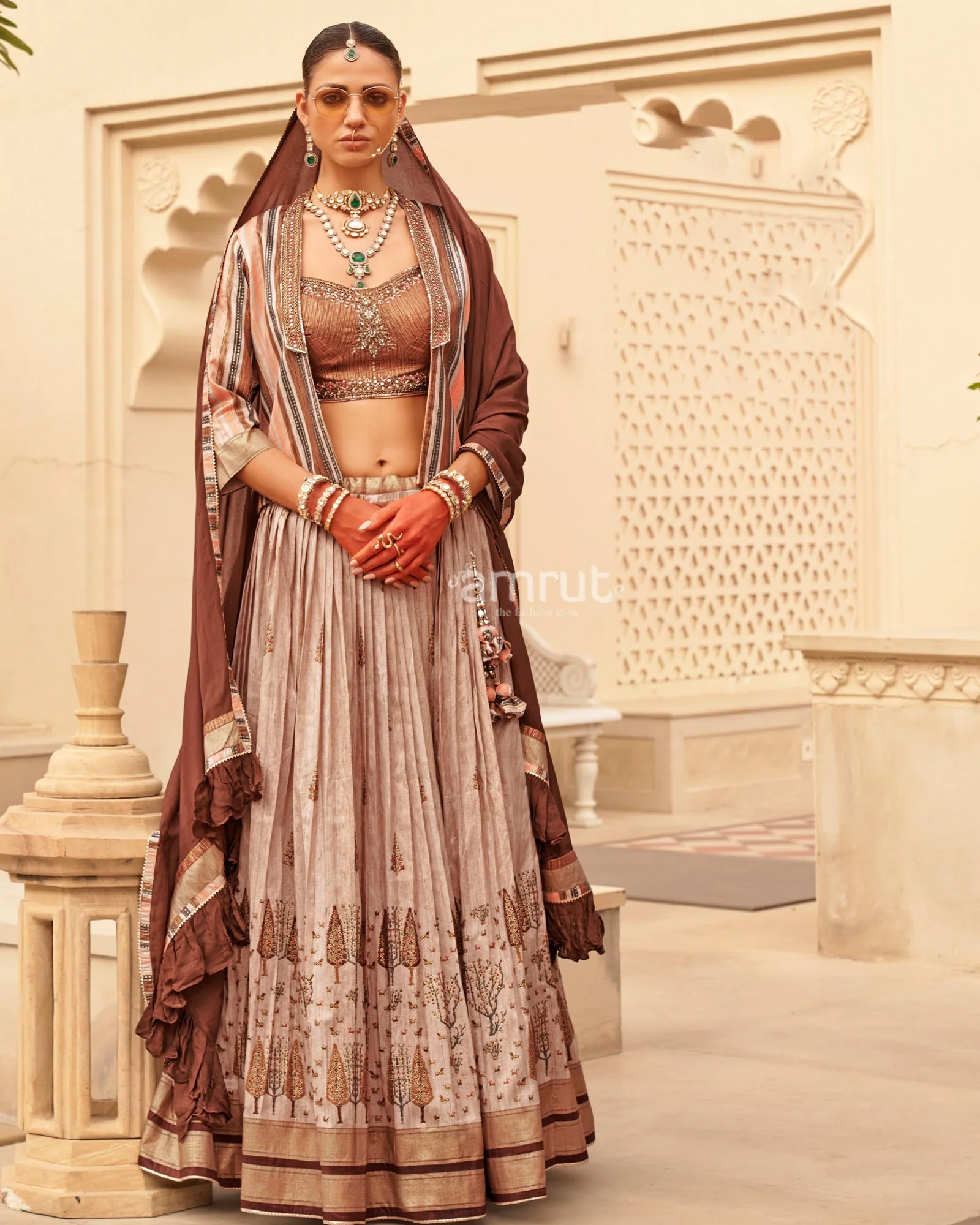 Beige lehenga Set and Men Kurta Set with Printed Coat - Image 4
