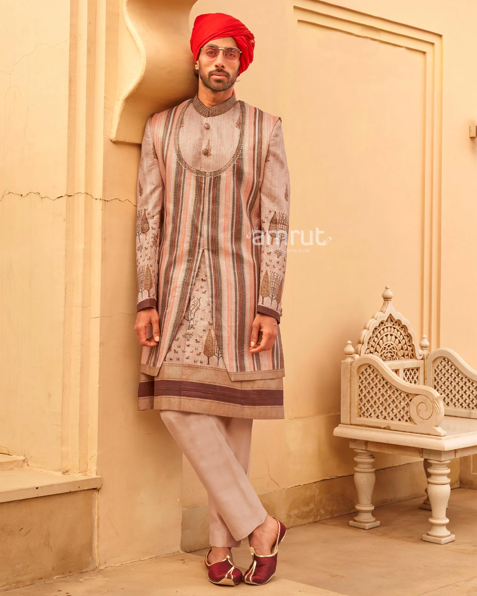 Beige lehenga Set and Men Kurta Set with Printed Coat - Image 5