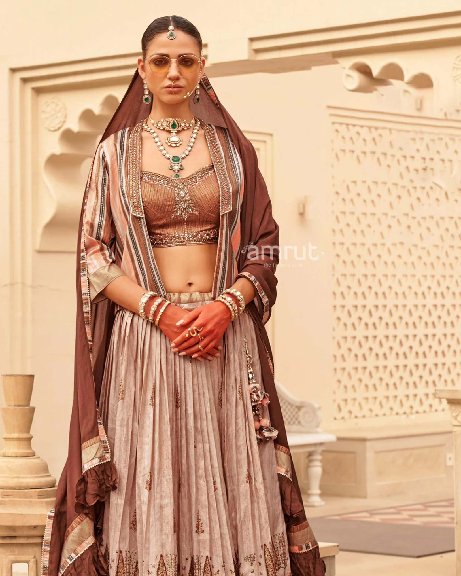 Beige lehenga Set and Men Kurta Set with Printed Coat - Image 6