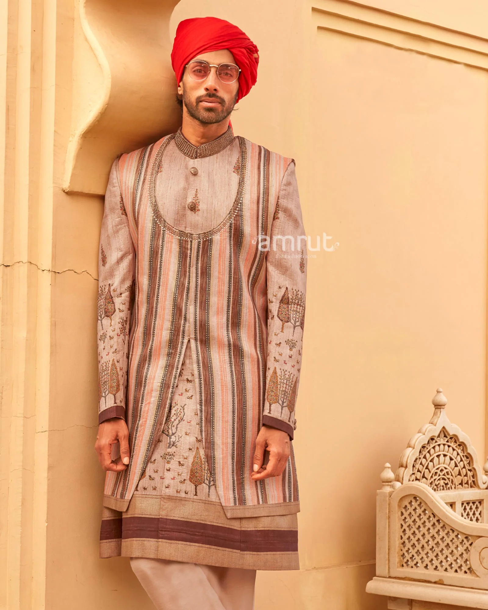 Beige lehenga Set and Men Kurta Set with Printed Coat - Image 7