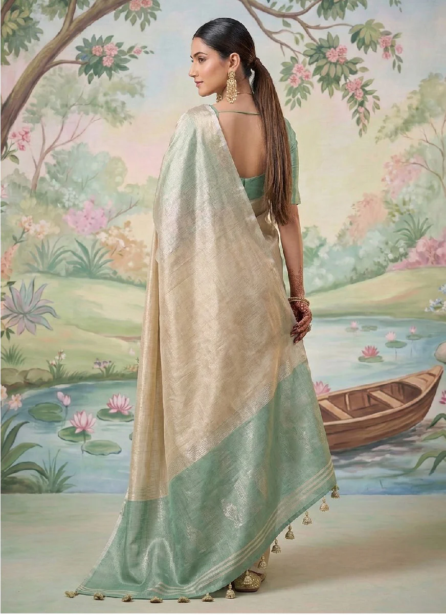 Beige Linen Saree with Mint Green Contrast Border - Image 2