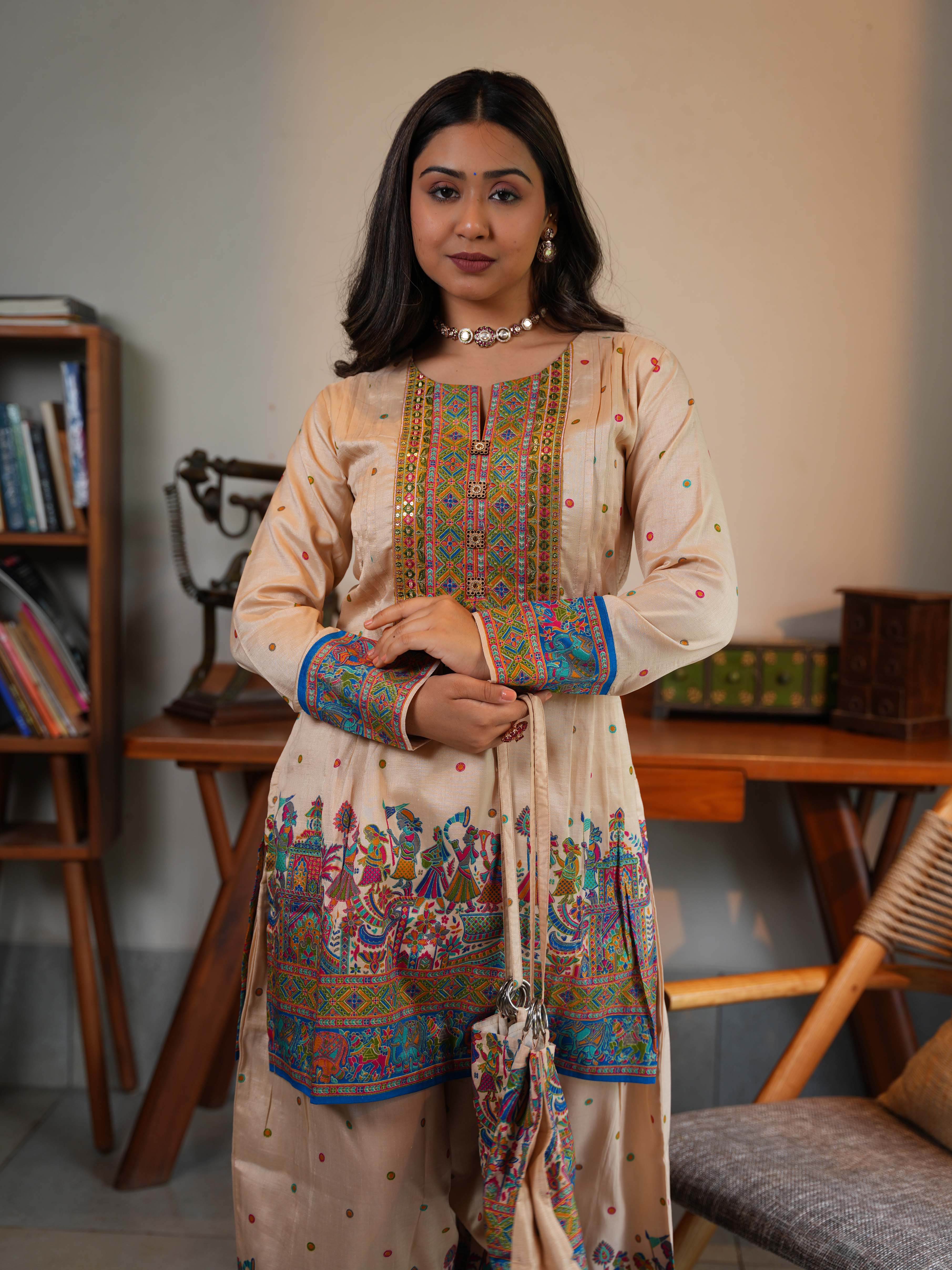 Beige Multicolor Cotton Printed Kurta-Pant Set with Handbag - Image 3