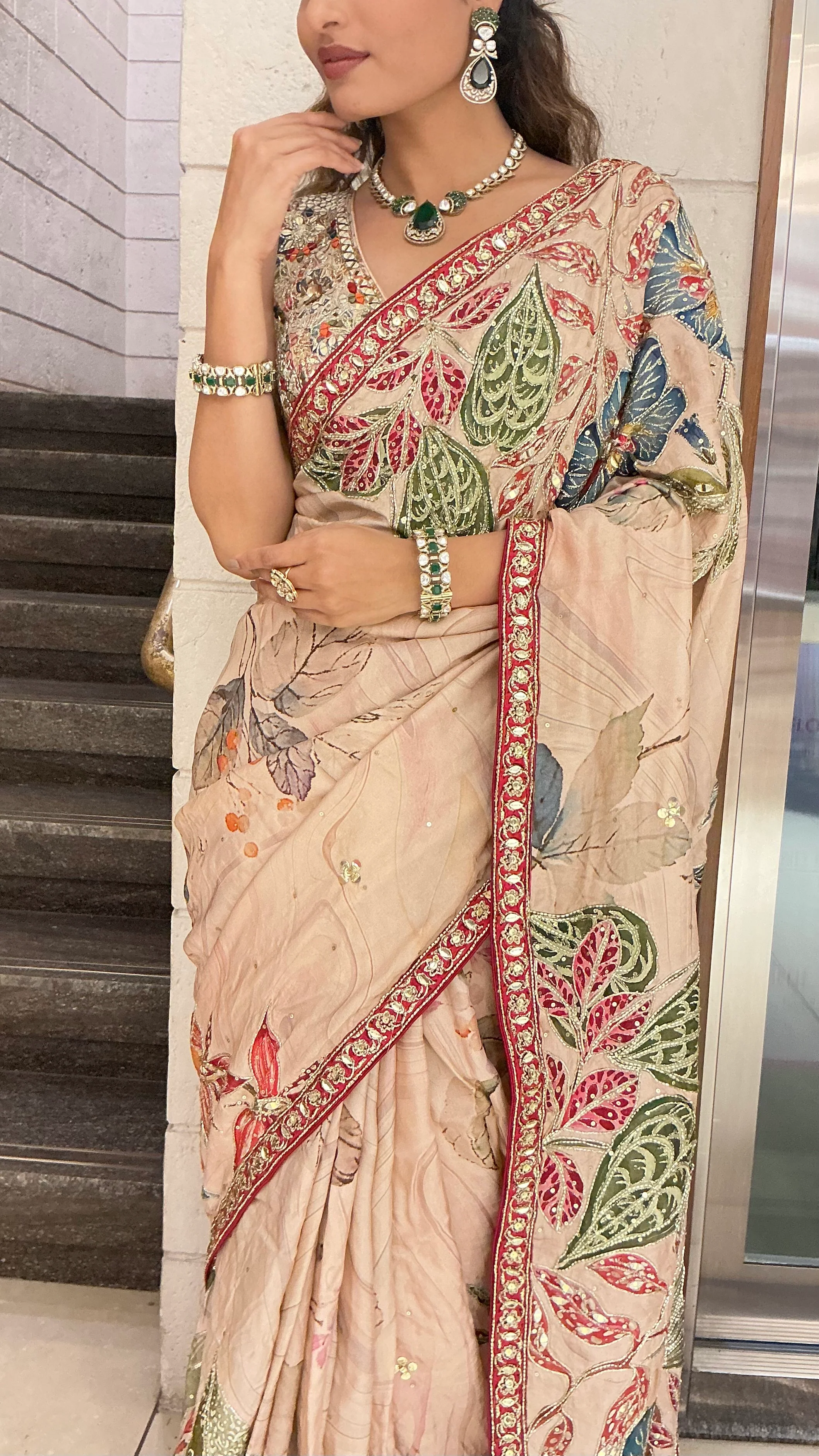 Beige Multicolour Leaf Print Designer Saree with Embroidered Border - Image 2