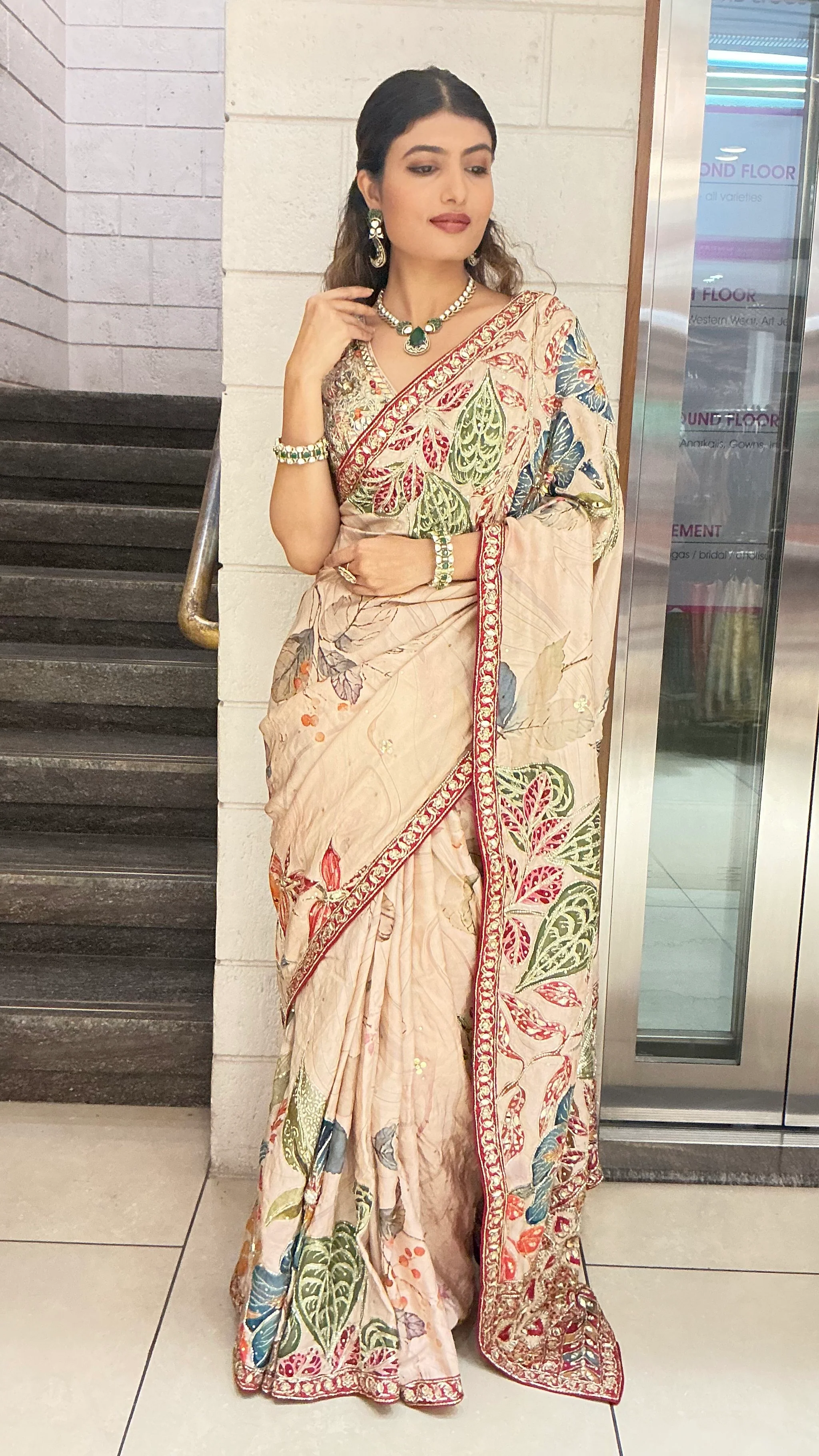 Beige Multicolour Leaf Print Designer Saree with Embroidered Border - Image 3