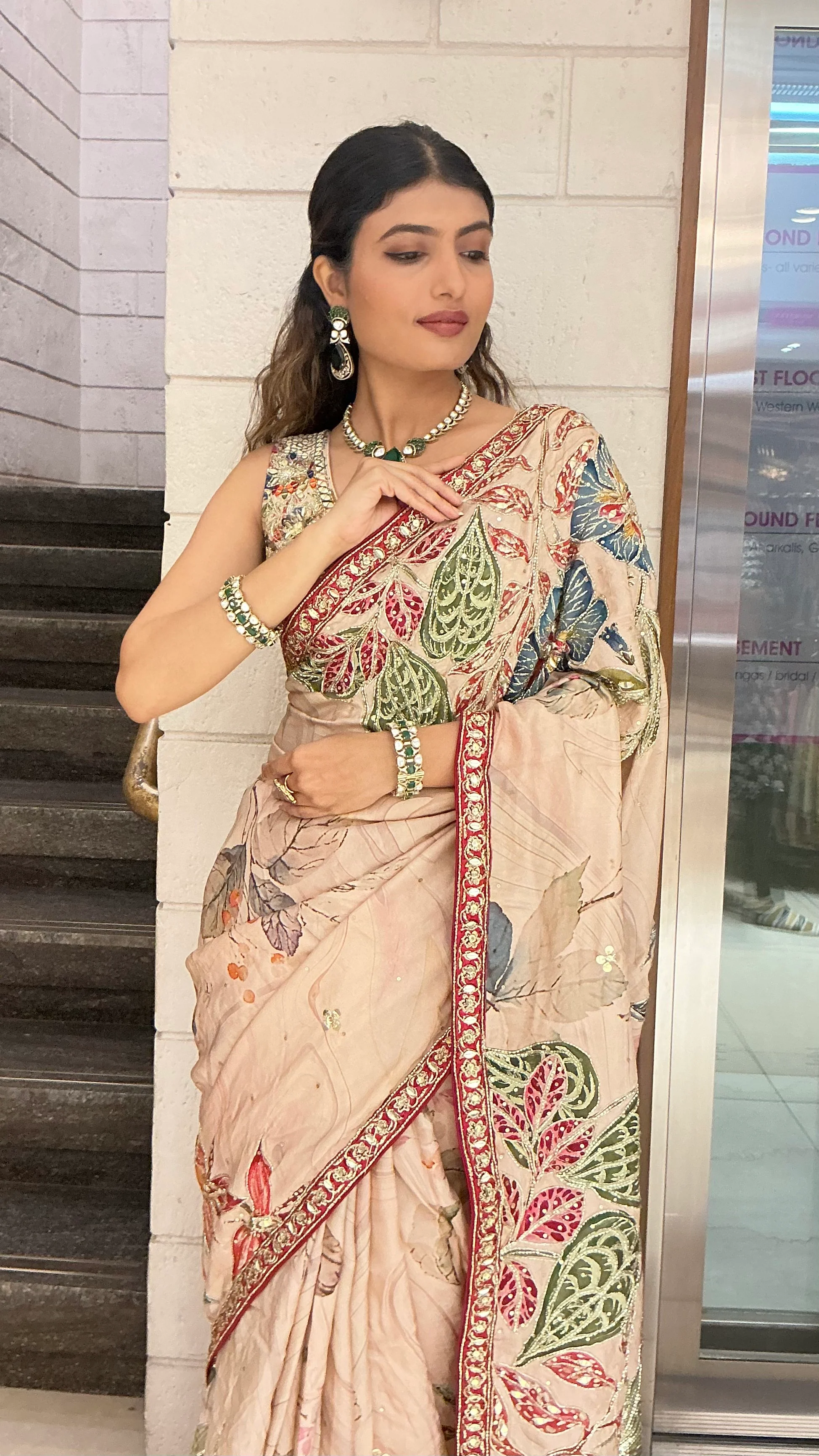 Beige Multicolour Leaf Print Designer Saree with Embroidered Border - Image 4