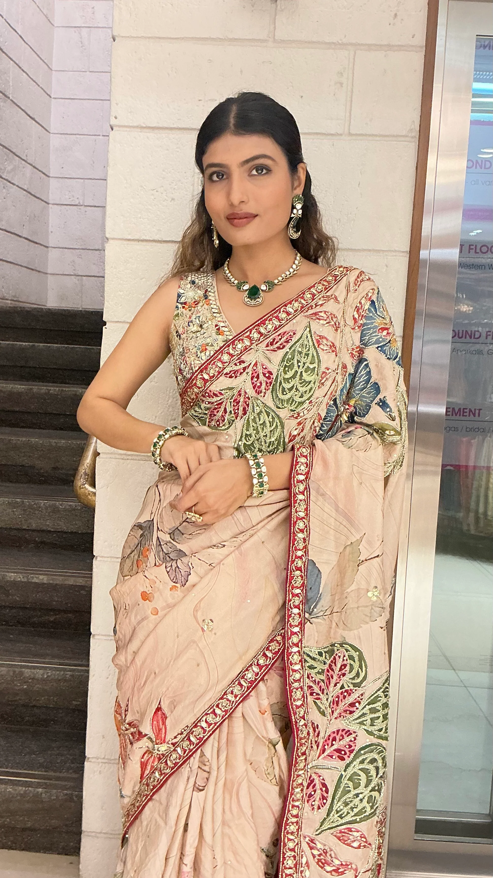 Beige Multicolour Leaf Print Designer Saree with Embroidered Border - Image 5