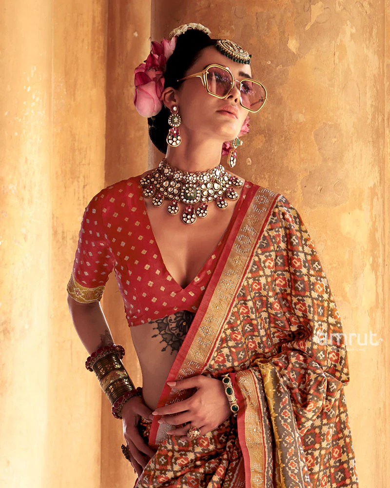 Beige Patola Silk Saree with Orange Border and Unstitched Blouse - Image 2