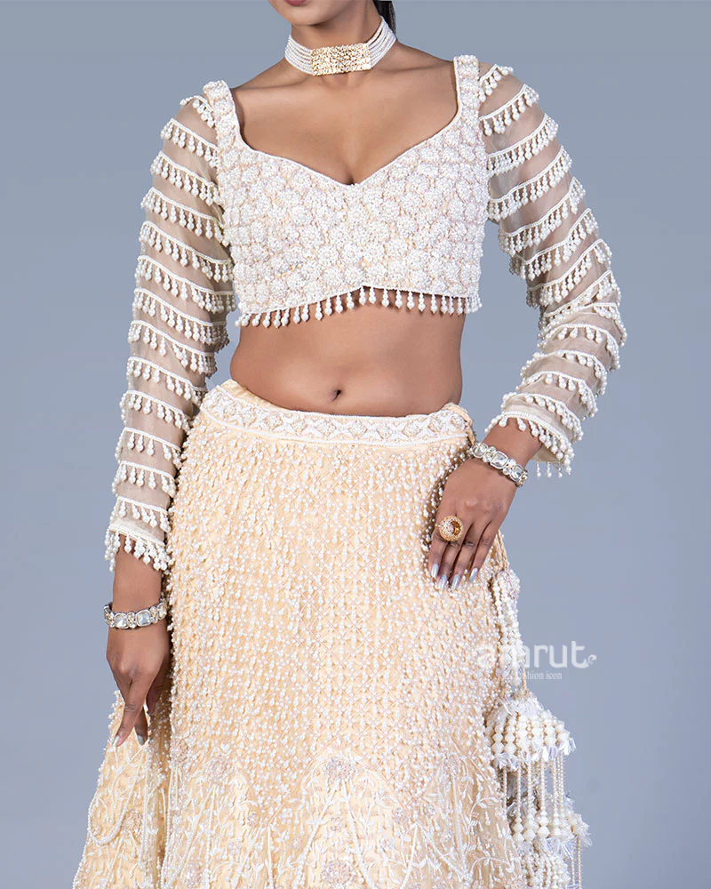 Beige Pearl Embellished Lehenga Set with Sweetheart Blouse and Dupatta - Image 3