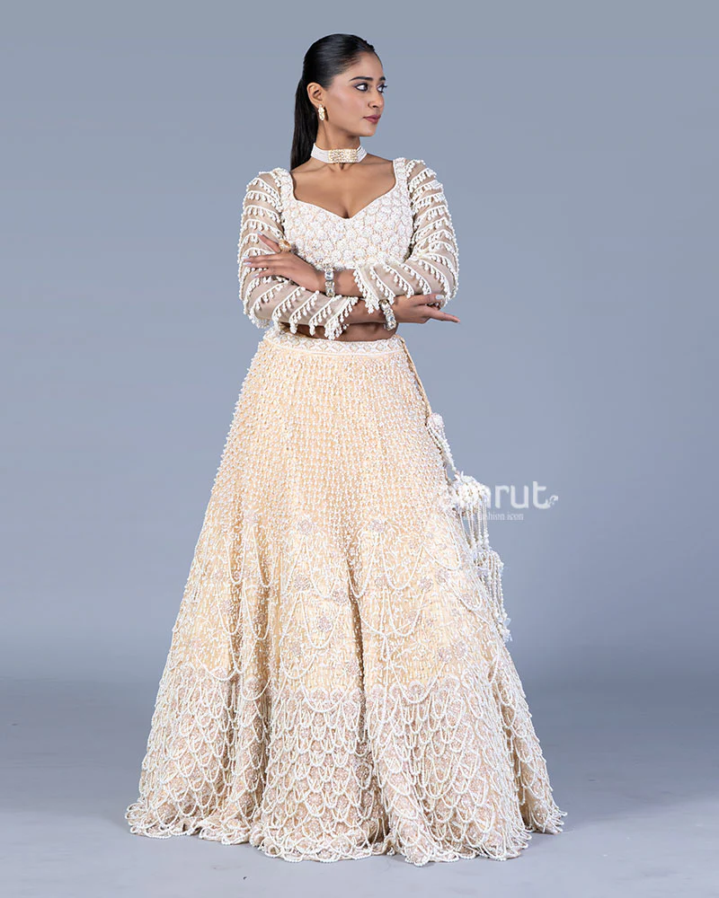 Beige Pearl Embellished Lehenga Set with Sweetheart Blouse and Dupatta - Image 4