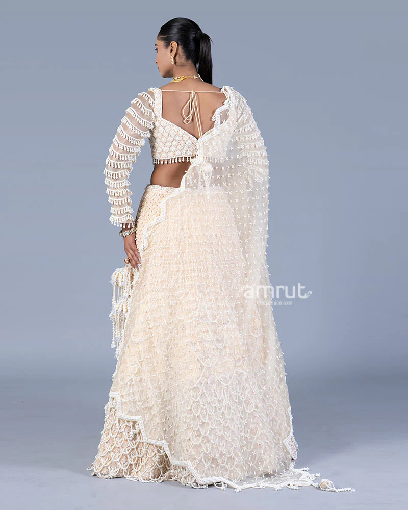 Beige Pearl Embellished Lehenga Set with Sweetheart Blouse and Dupatta - Image 5