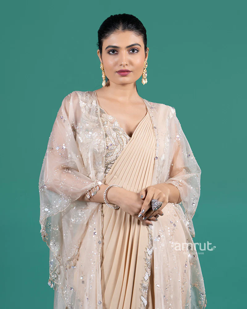 Beige Ready to Wear Saree with Sequined Cape and Embellished Blouse - Image 2