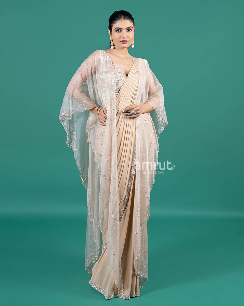 Beige Ready to Wear Saree with Sequined Cape and Embellished Blouse - Image 4