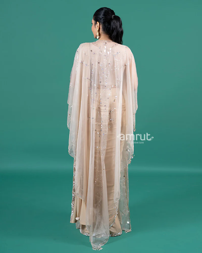 Beige Ready to Wear Saree with Sequined Cape and Embellished Blouse - Image 5
