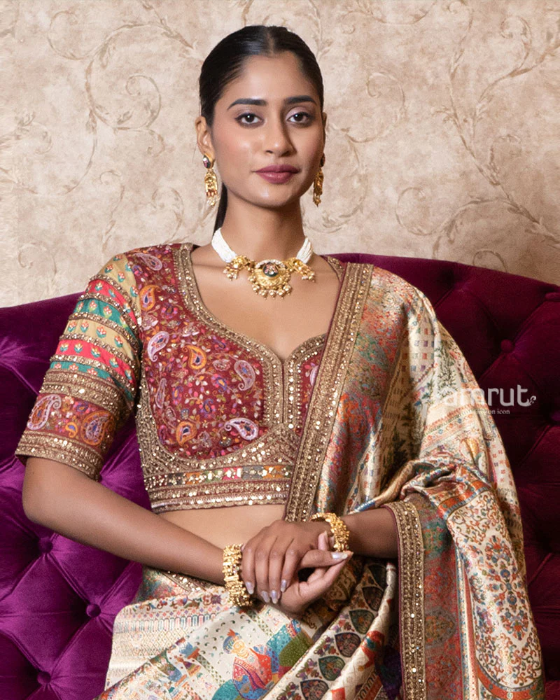 Beige Regal Heritage Silk Saree with Stitched Blouse - Image 2