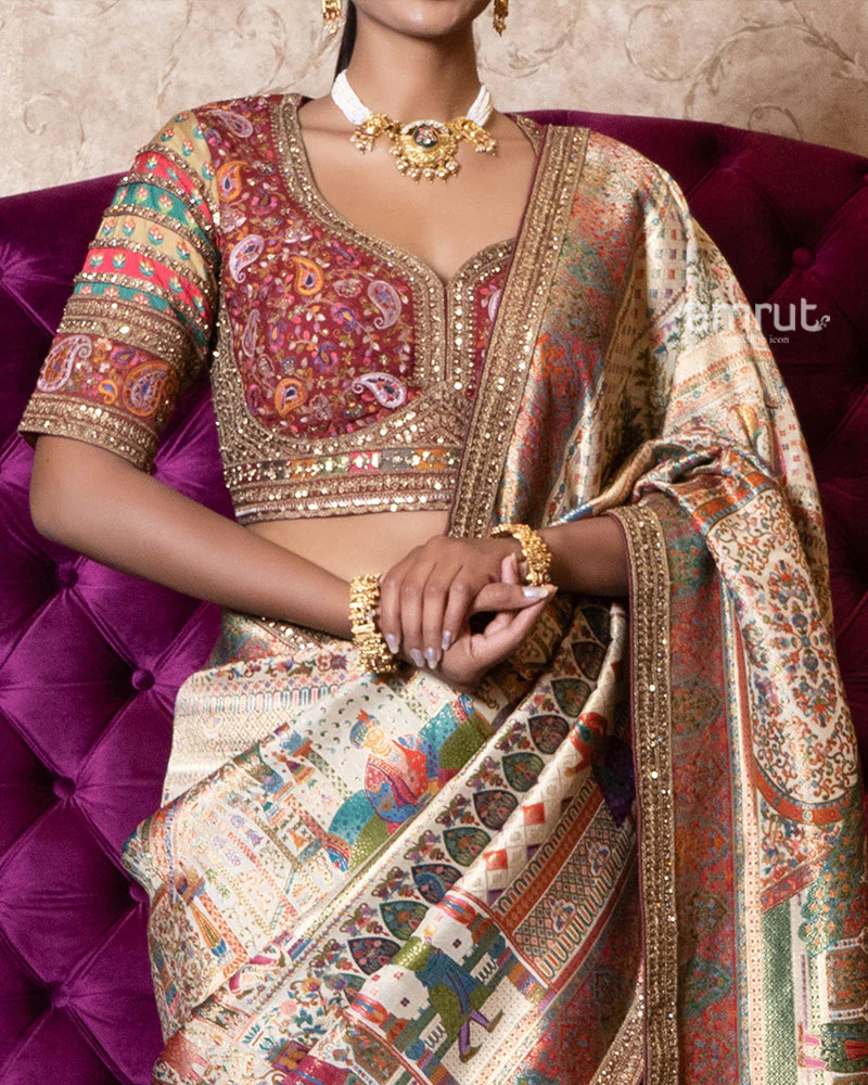 Beige Regal Heritage Silk Saree with Stitched Blouse - Image 3