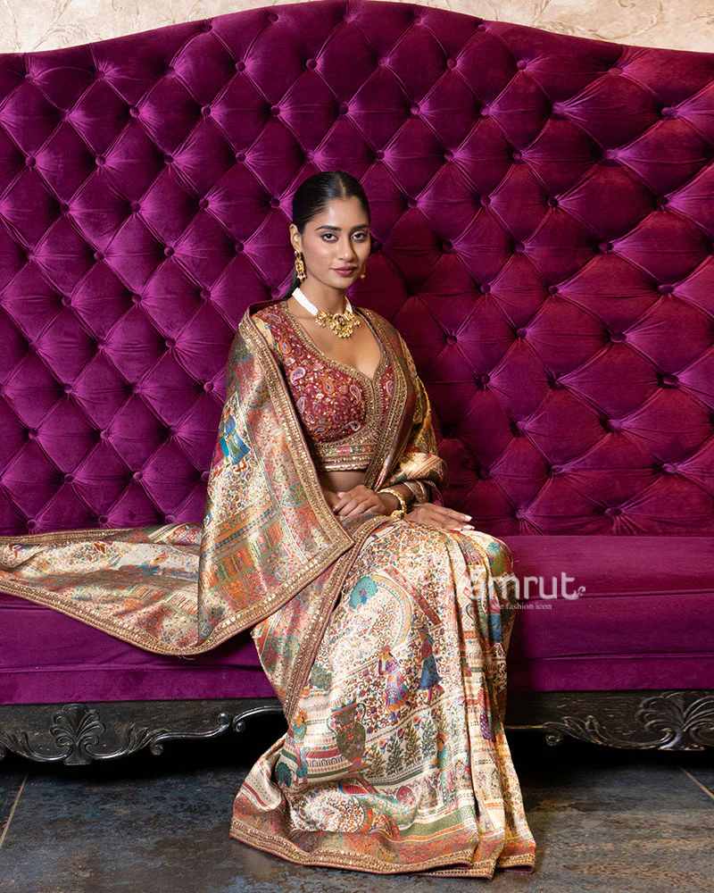Beige Regal Heritage Silk Saree with Stitched Blouse - Image 4
