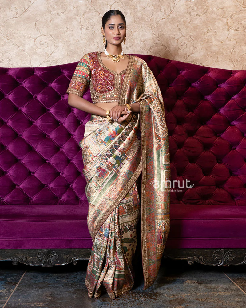 Beige Regal Heritage Silk Saree with Stitched Blouse - Image 5