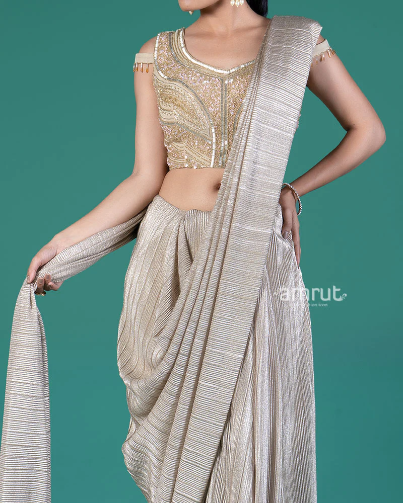 Beige Shimmering Ready to Wear Saree with Golden Embroidered Blouse - Image 2