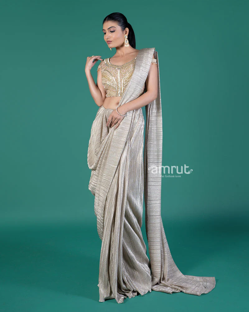 Beige Shimmering Ready to Wear Saree with Golden Embroidered Blouse - Image 3
