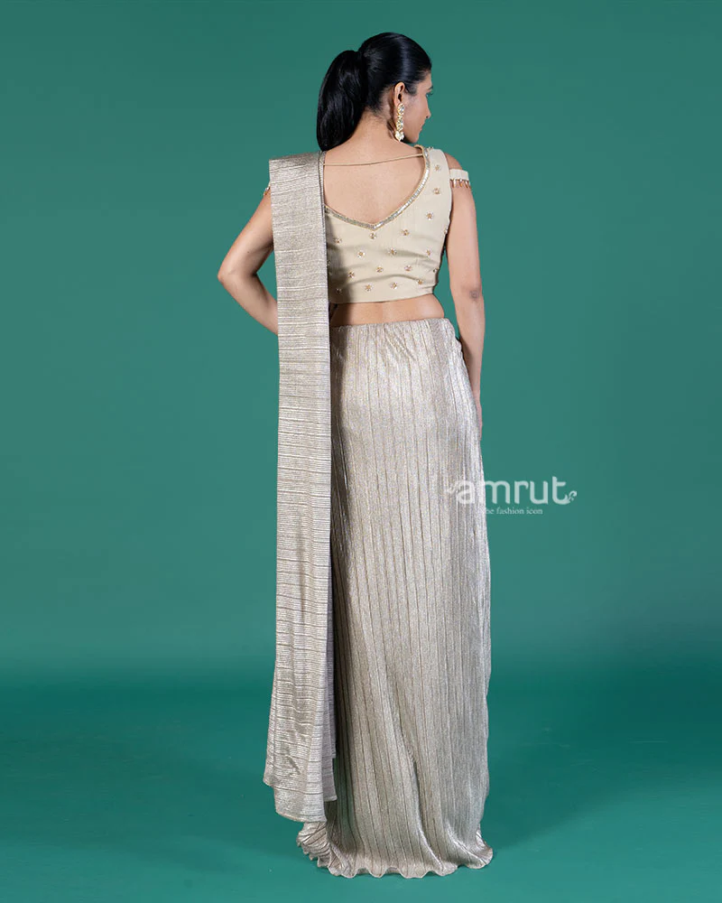 Beige Shimmering Ready to Wear Saree with Golden Embroidered Blouse - Image 4