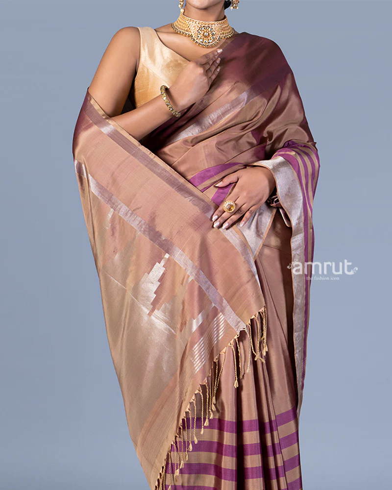 Beige-Taupe and Purple-Maroon Striped Saree with Unstitched Blouse - Image 3