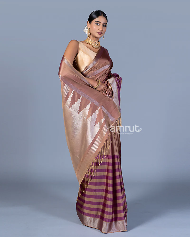 Beige-Taupe and Purple-Maroon Striped Saree with Unstitched Blouse - Image 4